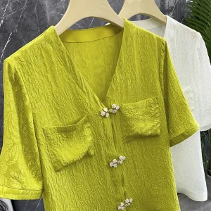 Textured Heavy Embroidery Silk Shirt Short Sleeve V-Neck Embroidery Women Summer Top Pure Color Commute Style Regular Length - AliExpress Shirts & Blouses