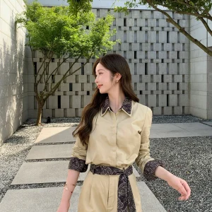Khaki Pure Cotton Women's irt Spring New Sle Single Piece Fake Two-Piece Design Loose Fit Long Sve Retro Sle Top - AliExpress Shirts & Blouses