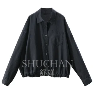 High-end Navy Blue, Early Autumn Natural Linen, Loose Hem Drawstring Shirt Women's 95L6 Womens Tops - AliExpress Shirts & Blouses