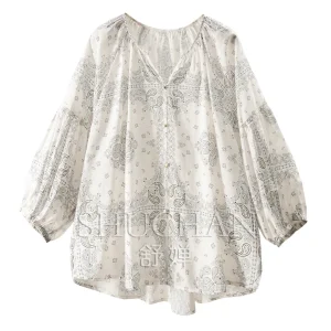Thin Blouse Light Luxury Texture Printing Round V-neck Seven-quarter Sleeve Shirt Women's 64J3 - AliExpress Shirts & Blouses