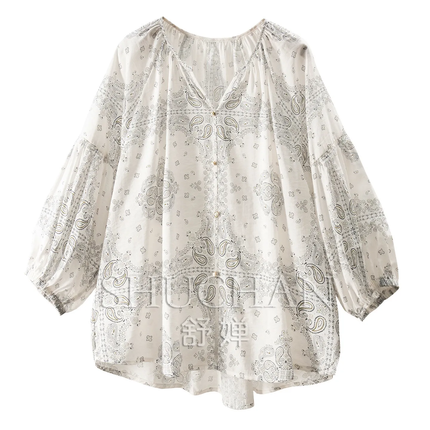 Thin Blouse Light Luxury Texture Printing Round V-neck Seven-quarter Sleeve Shirt Women's 64J3 - AliExpress Shirts & Blouses