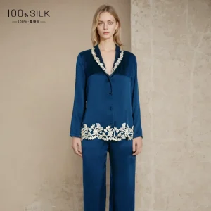 Lace Trim 19MM heavy Silk Women's Pajamas Sleepwear 100% Mulberry Silk Long sleeve trousers Nightwear set Two-piece lapel Pajama - AliExpress Women's Sleep & Lounge