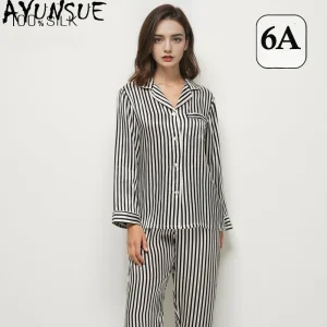 AYUNSUE 100% Real Mulberry Silk Pajama Sets Sleepwear Women Spring Summer Clothes 19Mm Silk Casual Pants Long Sleeve Top Striped - AliExpress Women's Sleep & Lounge