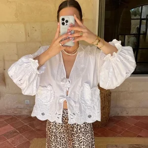Heart Pocket Lace Embroidery Blouse Women Spring Autumn Hollow Puff Sleeve Lace Up Designer Vintage Shirts Tops Elegant Blouses - AliExpress Shirts & Blouses