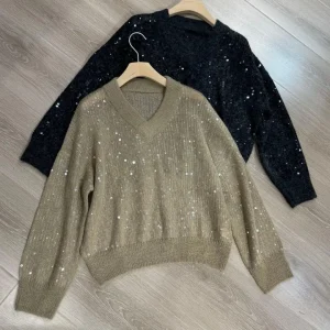 Sequined fluffy soft versatile V-neck pullover made of mohair wool blend - AliExpress Sweaters&Jumpers