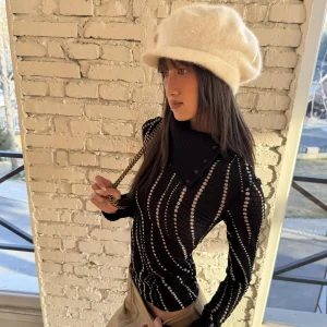Slim Fit Knitted Top with Patchwork Sleeves Elastic Band Collar Polka Dot Pattern French Style Long Sleeve Women's Shirt - AliExpress Shirts & Blouses