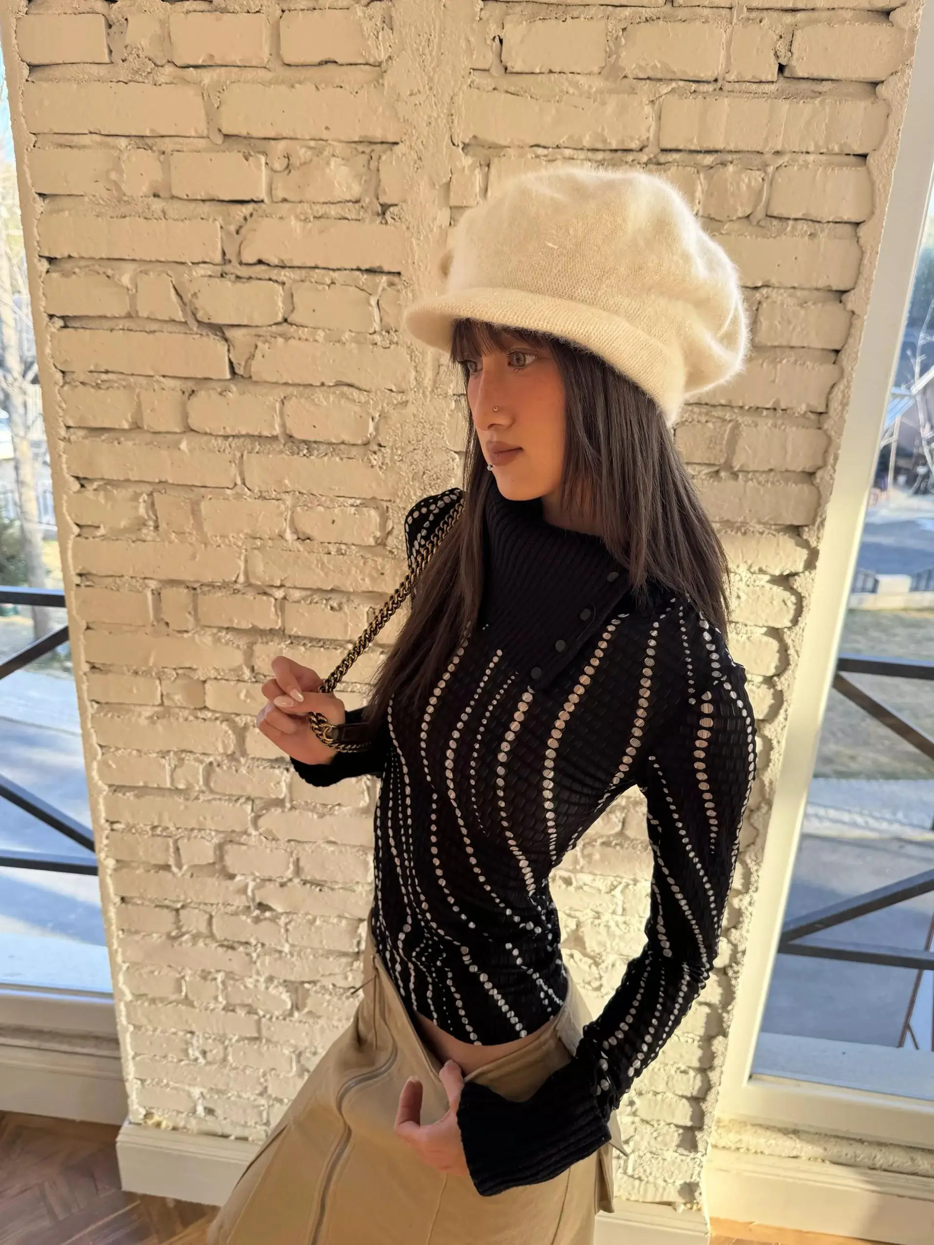 Slim Fit Knitted Top with Patchwork Sleeves Elastic Band Collar Polka Dot Pattern French Style Long Sleeve Women's Shirt - AliExpress Shirts & Blouses
