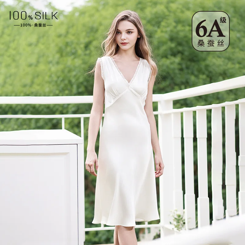2026 New French Style 100% Mulberry Silk Nightgown Women Luxury V-Neck Wide Strap Slip Dress Elegant Nightwear Party Club Dress - AliExpress Women's Sleep & Lounge
