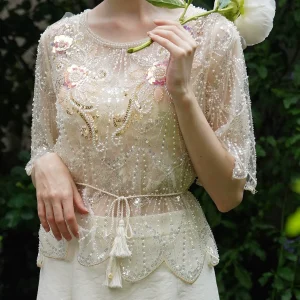 Spring Summer Women Handmade French-style sequin and bead flower, shimmering scales, short sleeve cover-up top Blouse/Shirts - AliExpress Shirts & Blouses