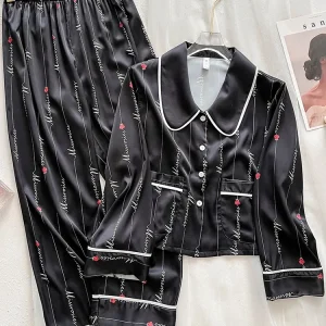 New black haute couture sleepwear long sleeved short print 100% mulberry silk home suit set - AliExpress Women's Sleep & Lounge