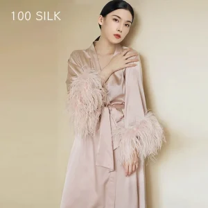 Luxury Women's Satin Nightgown Ostrich Feather High End 100% Mulberry Silk Bridal Dressing Gown Spring Summer Elegant Robe L - AliExpress Women's Sleep & Lounge