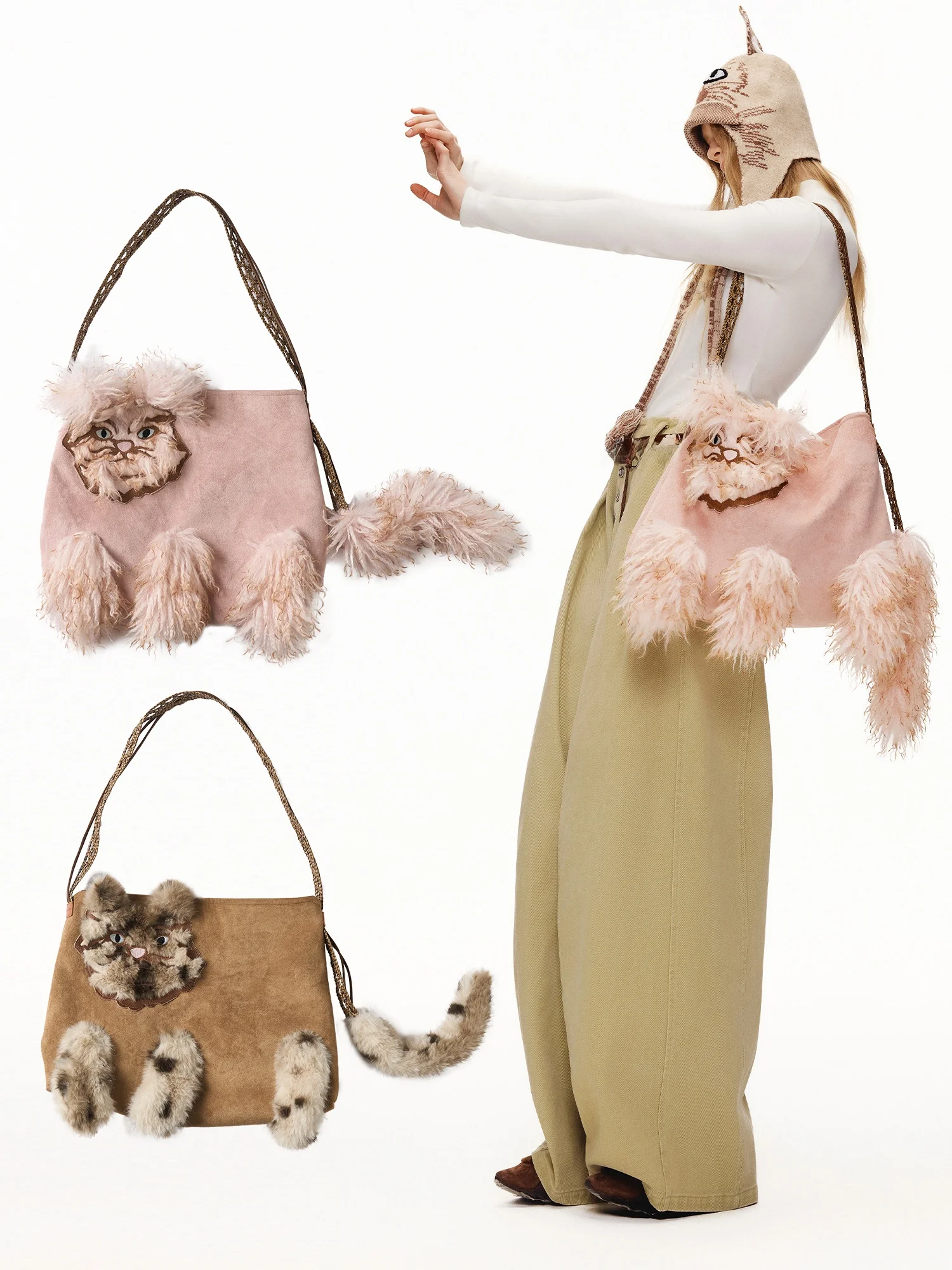 Eco-Friendly Outthe Blue 'SanTiaoMao' Embroidered 3D Suede Shoulder Bag Patchwork Fur Tote Bag for Women Sweet Cool Style - AliExpress Women's Handbags