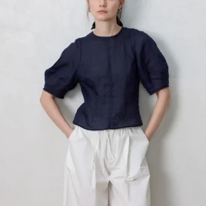 New Summer 2025 Women's Slim Fit Linen Shirt Bubble Sleeve Waist Cinched Royal Blue Small Top Commute Style Pure Color Button... - AliExpress Shirts & Blouses