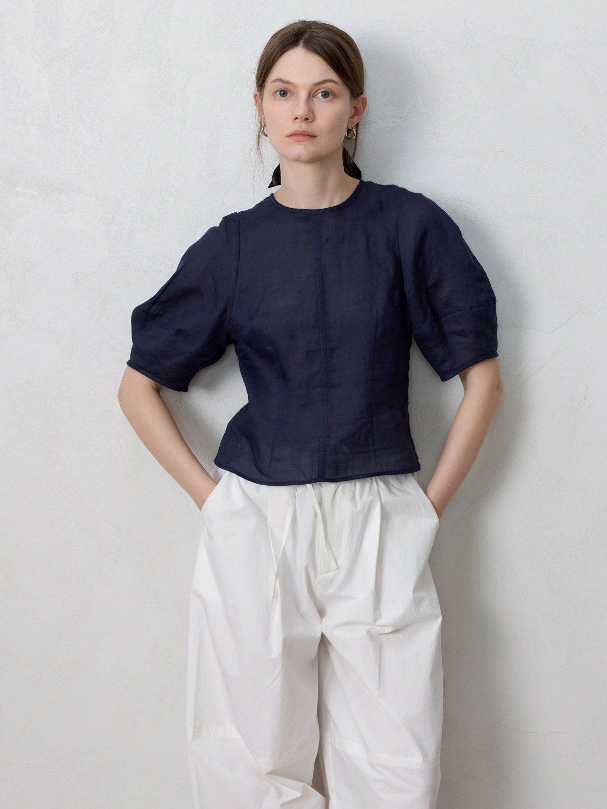 New Summer 2025 Women's Slim Fit Linen Shirt Bubble Sleeve Waist Cinched Royal Blue Small Top Commute Style Pure Color Button... - AliExpress Shirts & Blouses