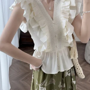 Ele V-ne T Top with Pleated Sves And Lace Trim Korean Sle Wool Blend Women's Faion Spring Summer irt - AliExpress Shirts & Blouses