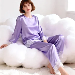 100% Mulberry Silk Long Sleeve Pajamas Set Solid Purple Women's Elegant Homewear Luxury Lace Trim Satin Loungewear Sleepwear PJs - AliExpress Women's Sleep & Lounge