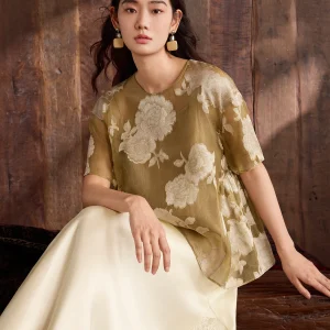 New Summer Silk Ogeesha Women's Shirt Tang Velvet Floral Embroidery Ultra Light Breathable Antibacterial round Neck Short Sleeve - AliExpress Shirts & Blouses
