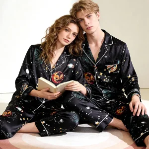 19 Momme 100% Mulberry Silk Printed Couple Sleepwear Long Sleeve Cardigan & Trousers Women Pajama Set Men Loungewear for Family - AliExpress Women's Sleep & Lounge