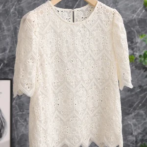 White Embroidered Lace Cotton Linen Blouse Short Sleeve Women's Summer Shirt Top Commute Style Straight Cut Button Detail - AliExpress Shirts & Blouses