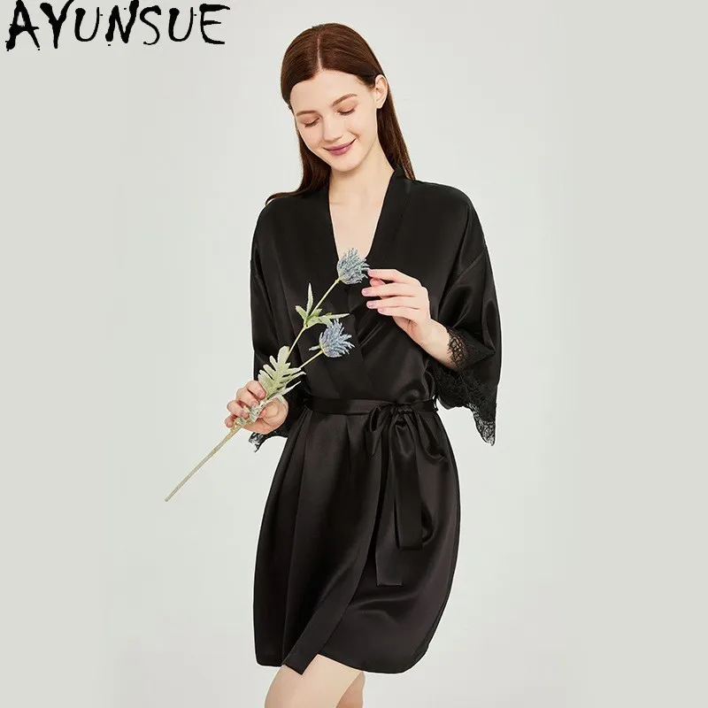 AYUNSUE 100% Real Mulberry Silk Robes for Women 16MM Silk Spring Summer Rabes 2026 Women's Home Clothes Morning Robe Lace-up - AliExpress Women's Sleep & Lounge