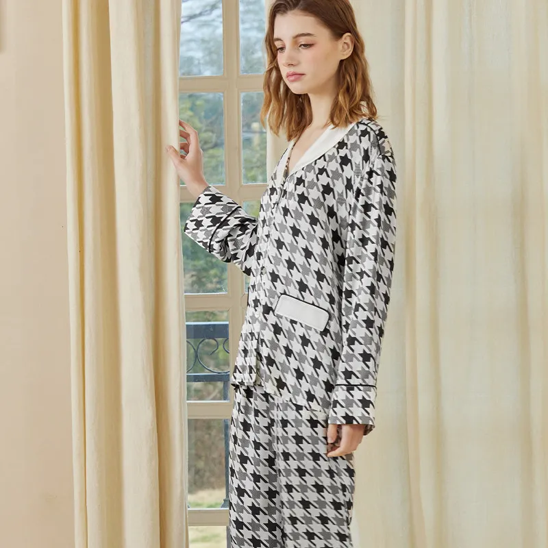 100% Mulberry Silk Pajamas Set Women Houndstooth Print Long Sleeve Pants Two-piece Spring Loungewear Elegant Homewear Nightwear - AliExpress Women's Sleep & Lounge