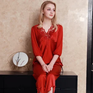 Sexy Lace 100% Mulberry Silk Short Sleeve Cropped Pants Pyjamas Home Suit Bow Tie Women Pajamas Sets V Neck Casual Pajama Set PJ - AliExpress Women's Sleep & Lounge