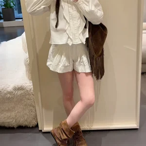 Trendy Luxury Early Spring INS Pleated Hollow out Lace Trim round Ne Bubble Sve irt High Waist Skirt Pants Women's Clo... - AliExpress Shirts & Blouses