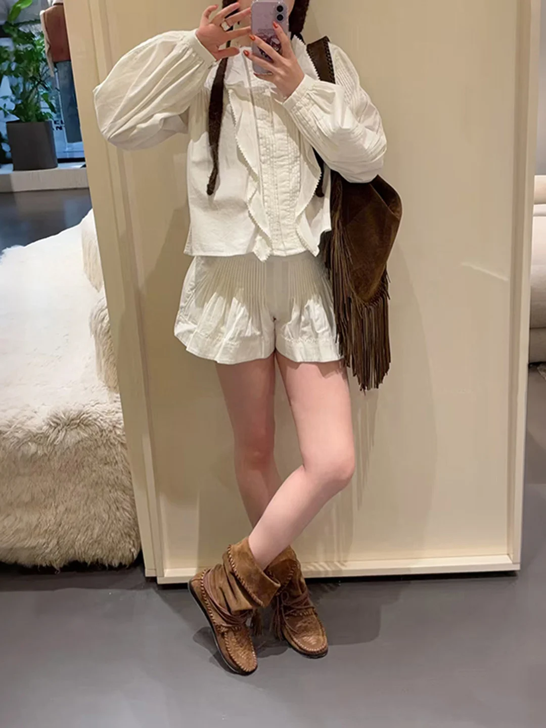 Trendy Luxury Early Spring INS Pleated Hollow out Lace Trim round Ne Bubble Sve irt High Waist Skirt Pants Women's Clo... - AliExpress Shirts & Blouses