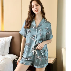 Cute Zebra 100% Mulberry Silk Ladies Short Sleeve Pajama Sleepwear Suit with Shorts 2 Pieces Summer Pajamas Nightwear Homewear - AliExpress Women's Sleep & Lounge