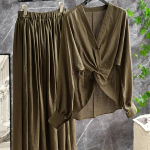 Stunning V-neck Cross Knot Shirt Top Elastic Waist Midi Skirt Set Two-piece Set Linen 100 Original Design Women's Shirt - AliExpress Shirts & Blouses