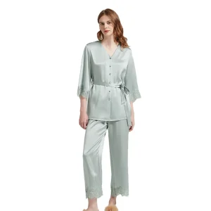 19 Momme Real Silk Pajamas Women V Neck Lace 3/4 Sleeve Belted Waist Sleepwear Homewear Trousers Suit Nightwear Gift - AliExpress Women's Sleep & Lounge