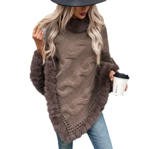 Cross-border women's clothing 2024 autumn and winter new imitation Rex rabbit fur collar rough twist pullover sweater cape - AliExpress Sweaters&Jumpers