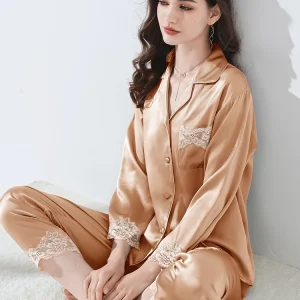 19 Momme 100% Mulberry Silk Lace Trim Women's Satin Pajama Set Solid Color Casual Homewear Spring Long Sleeves Pajama Loungewear - AliExpress Women's Sleep & Lounge
