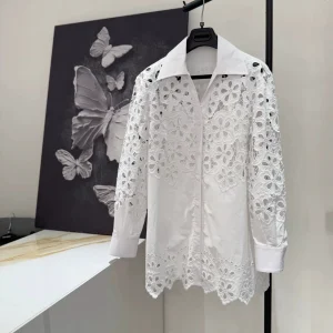 High Quality Women's Hollowed Out Flowers Embroidered Shirt With Silk Lining Long Sleeve Loose White Blouse - AliExpress Shirts & Blouses