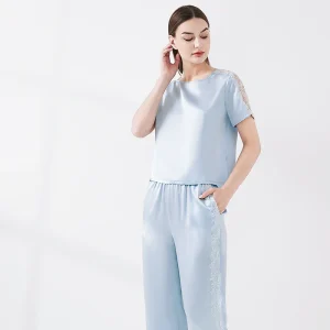 Heavy 100% Mulberry Silk Lace Trim Short Sleeve Top and Trousers Breathable Women Pajama Set Round Neck Nightwear Loose Pajamas - AliExpress Women's Sleep & Lounge