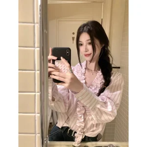 Sweet Dongdaemun V-ne Stripe irt Women's Faion French Sle Long Sve Straight Cut Selfwill Spring 2025 Floral Embell... - AliExpress Shirts & Blouses