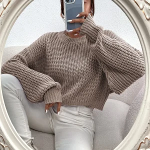 Oatmeal Ribbed Knit Drop Shoulder Cropped Sweater with Balloon Sleeves - AliExpress Sweaters&Jumpers