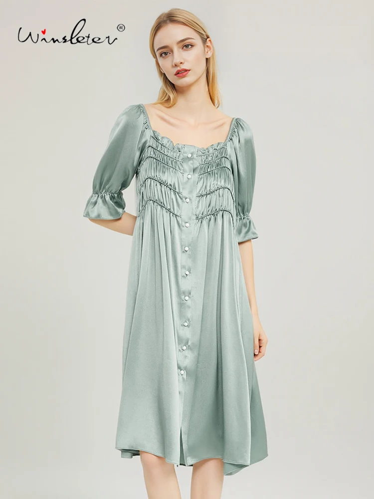 Winsleter-Women 19MM 100%Real Silk Elegant Nightgown, Sexy V Neck Half Sleeve, French Court Style Pajamas Dress, Summer P57470CC - AliExpress Women's Sleep & Lounge