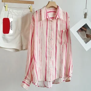 Heidd Early Spring 2026 Women's Casual Loose Fit Long Sleeve Shirt Linen Lyocell Pink Stripe Turn-down Collar Classic Style - AliExpress Shirts & Blouses
