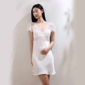 19MM 100% Mulberry Silk Romantic White Lace Sexy Lingerie Women's Nightdress Short Sleeve Elegant Bridal Nightgown Pajama Dress - AliExpress Women's Sleep & Lounge
