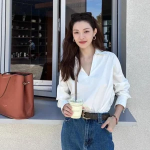 EXJR Zhong Chuxi Spring 2025 White V-neck Long Sleeve Shirt Hong Kong Style Commute Elegance Women's Top Fashionable Loose Fit - AliExpress Shirts & Blouses