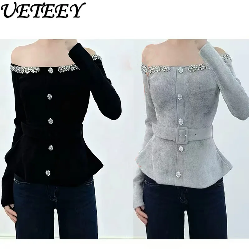 Autumn New French Style Socialite Diamond Embellished Off-Shoulder Pullover Elegant Slim Fit Waist-Cinching Long Sleeve Top - AliExpress Sweaters&Jumpers