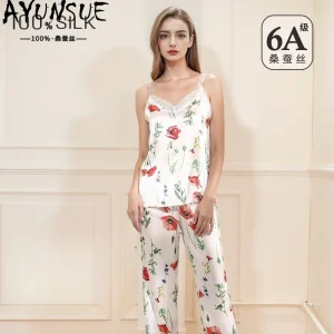 AYUNSUE 100% Silk Pajamas for Women Stylish Pajama Sets Summer Cool Tank Tops Long Pants Womens Matching Sets New Пижама Женская - AliExpress Women's Sleep & Lounge