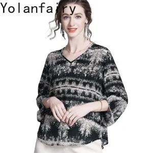 YOLANFAIRY 100% Real Mulberry Silk Shirts for Woman Summer Vintage Loose Printed Blouse Elegant Womens Top Unique Black Shirt - AliExpress Shirts & Blouses