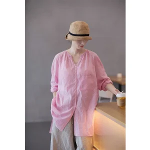 Breathable Lightweight Long Staple Cotton V-Neck Open Front Shirt for Women Spring Summer Autumn Thin Pink Cotton Linen Women... - AliExpress Shirts & Blouses