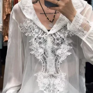 Women's lace splicing silk blouse, water-soluble flower embroidery blouse, sunscreen hooded shirt, 100% Mulberry Silk, 2025, New - AliExpress Shirts & Blouses