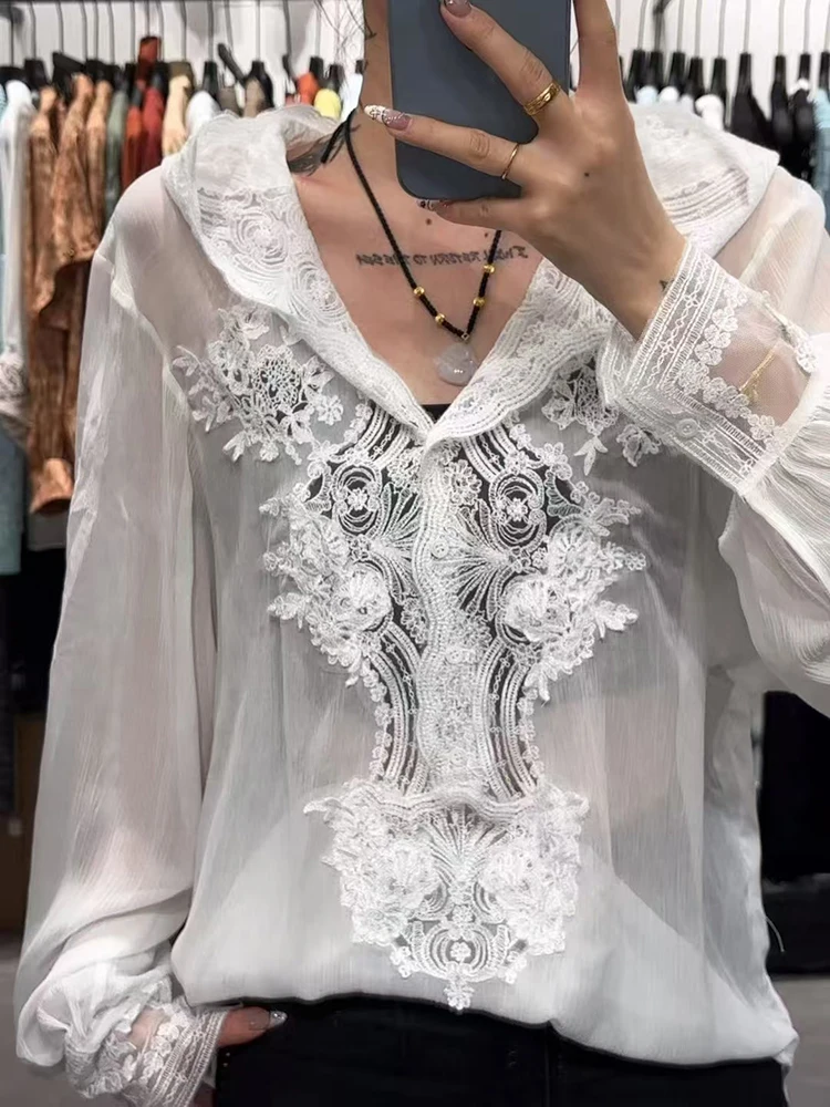 Women's lace splicing silk blouse, water-soluble flower embroidery blouse, sunscreen hooded shirt, 100% Mulberry Silk, 2025, New - AliExpress Shirts & Blouses