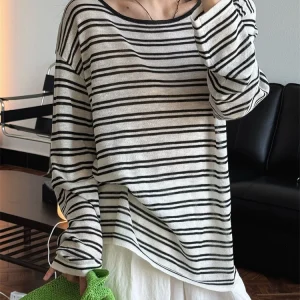 HanOrange 2025 Summer Lazy Retro Striped Back Strap Sunscreen Sweater Shirt Women Dry Breathable Top Black White/Blue - AliExpress Sweaters&Jumpers