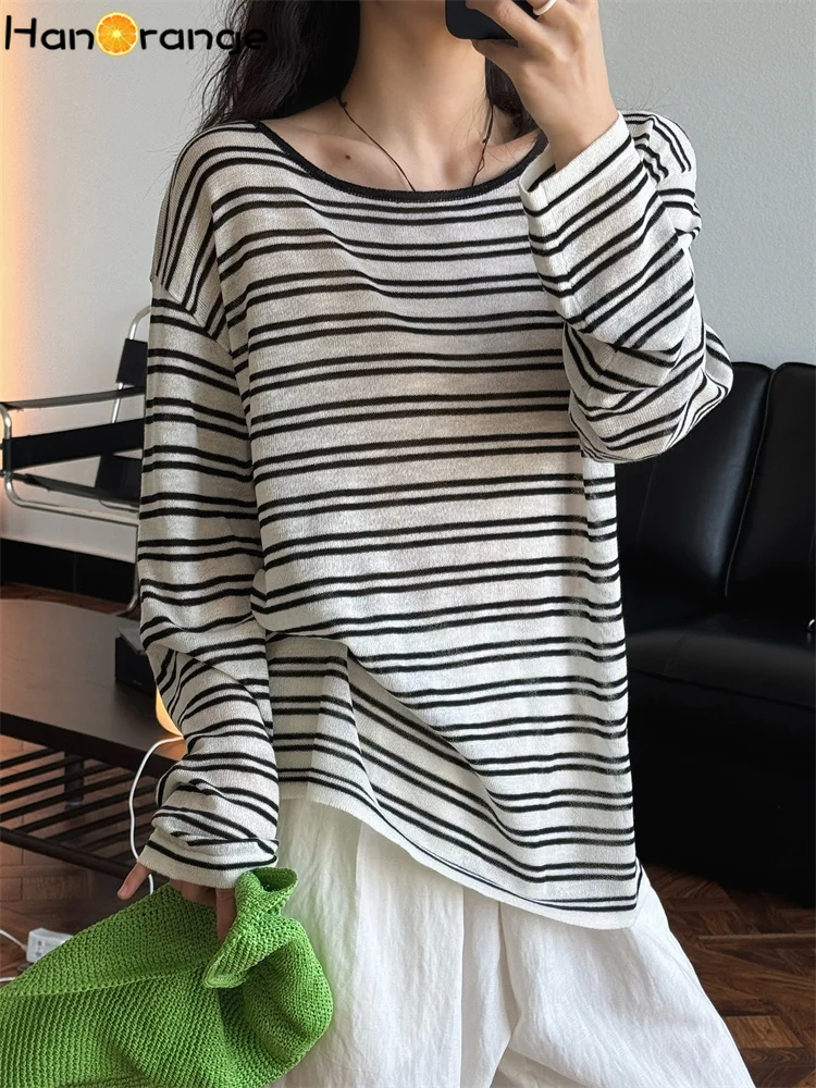 HanOrange 2025 Summer Lazy Retro Striped Back Strap Sunscreen Sweater Shirt Women Dry Breathable Top Black White/Blue - AliExpress Sweaters&Jumpers