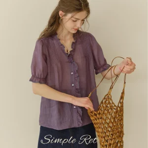 SimpleRetro Purple Lotus 100% Flax Short Sleeve V-Neck Women's Shirt French Style Loose Fit White Enhancing Blouse - AliExpress Shirts & Blouses